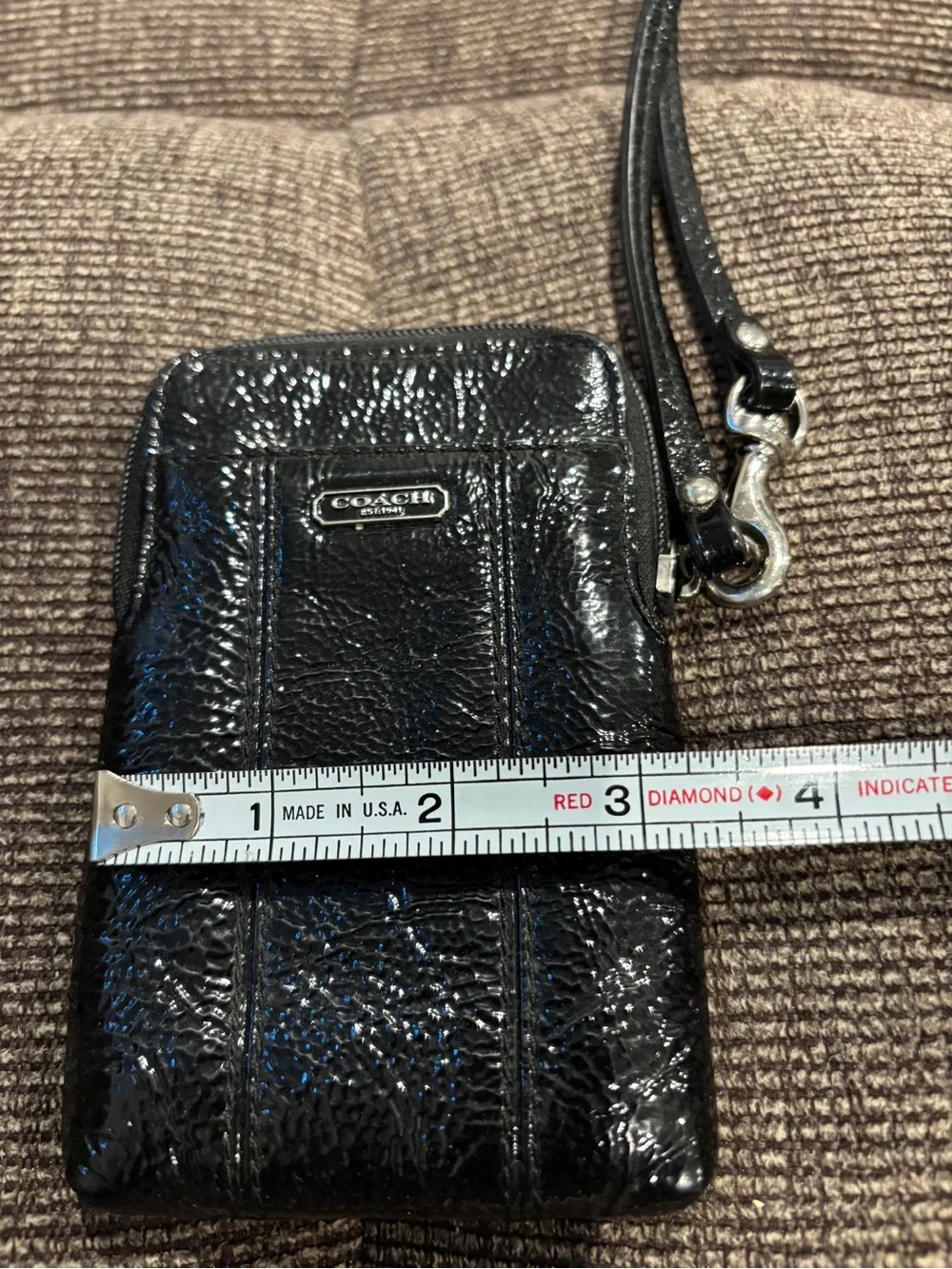 Coach Glossy Black Patent Leather Wristlet Phone Pouch with Strap
